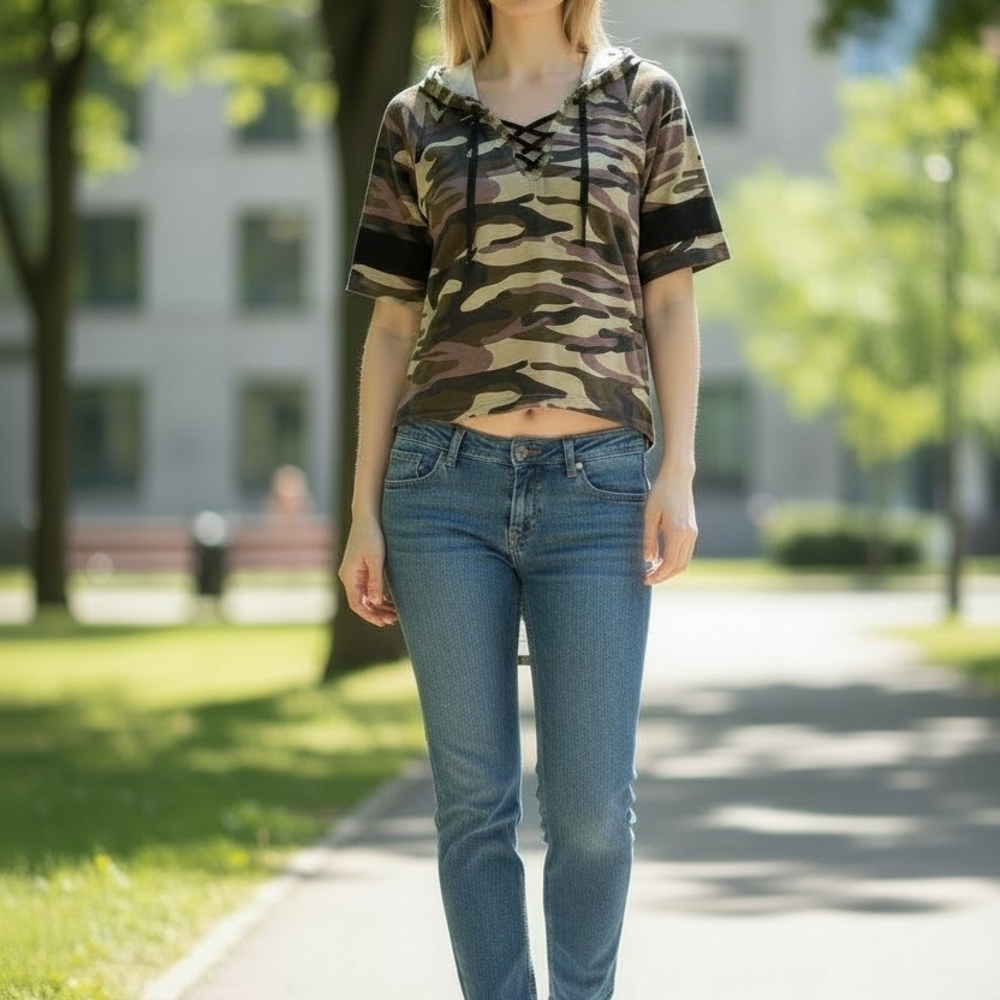 Camouflage Lace-Up Hoodie for Women